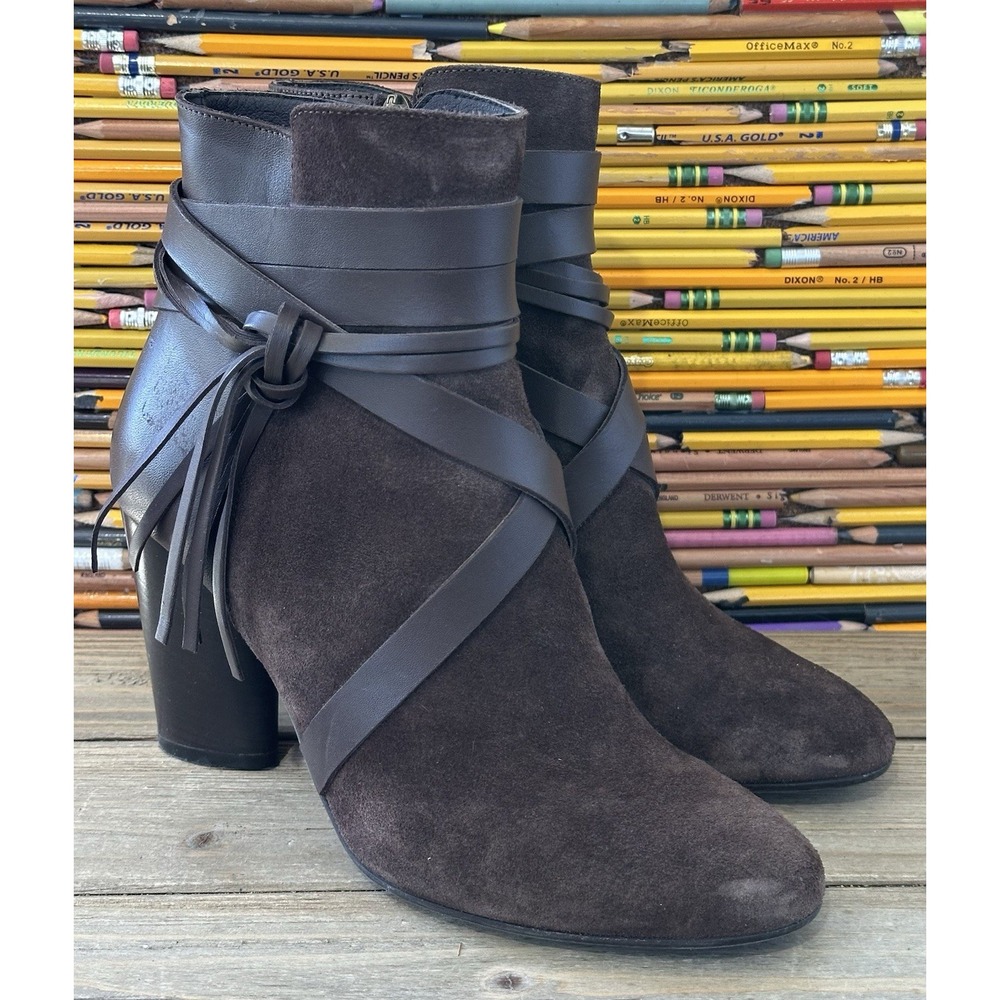 Sundance Heeled Ankle Leather Boots Brown Strappy City Tasseled Women's 40 / 9
